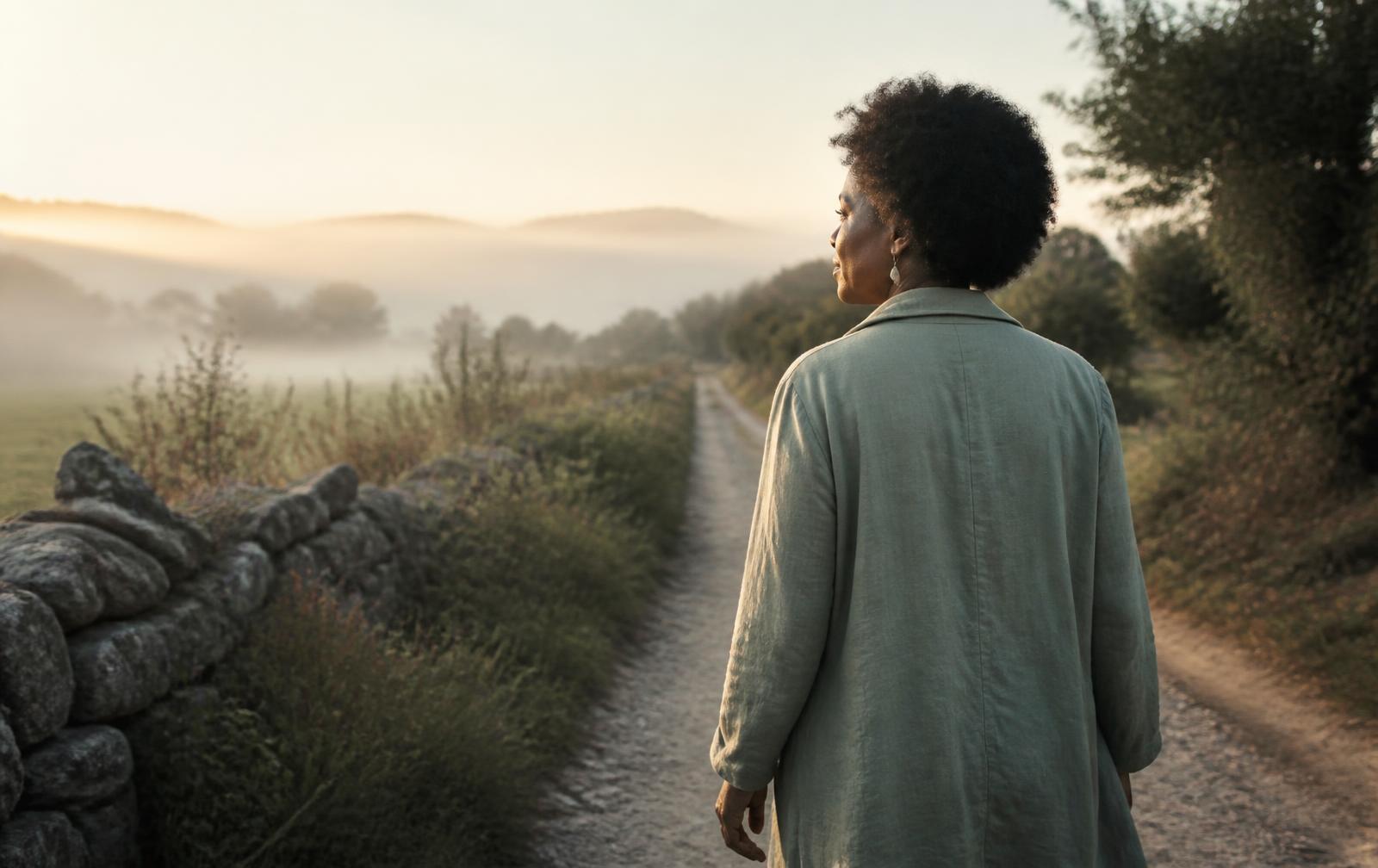 A Black woman walking on a quiet country path at dawn