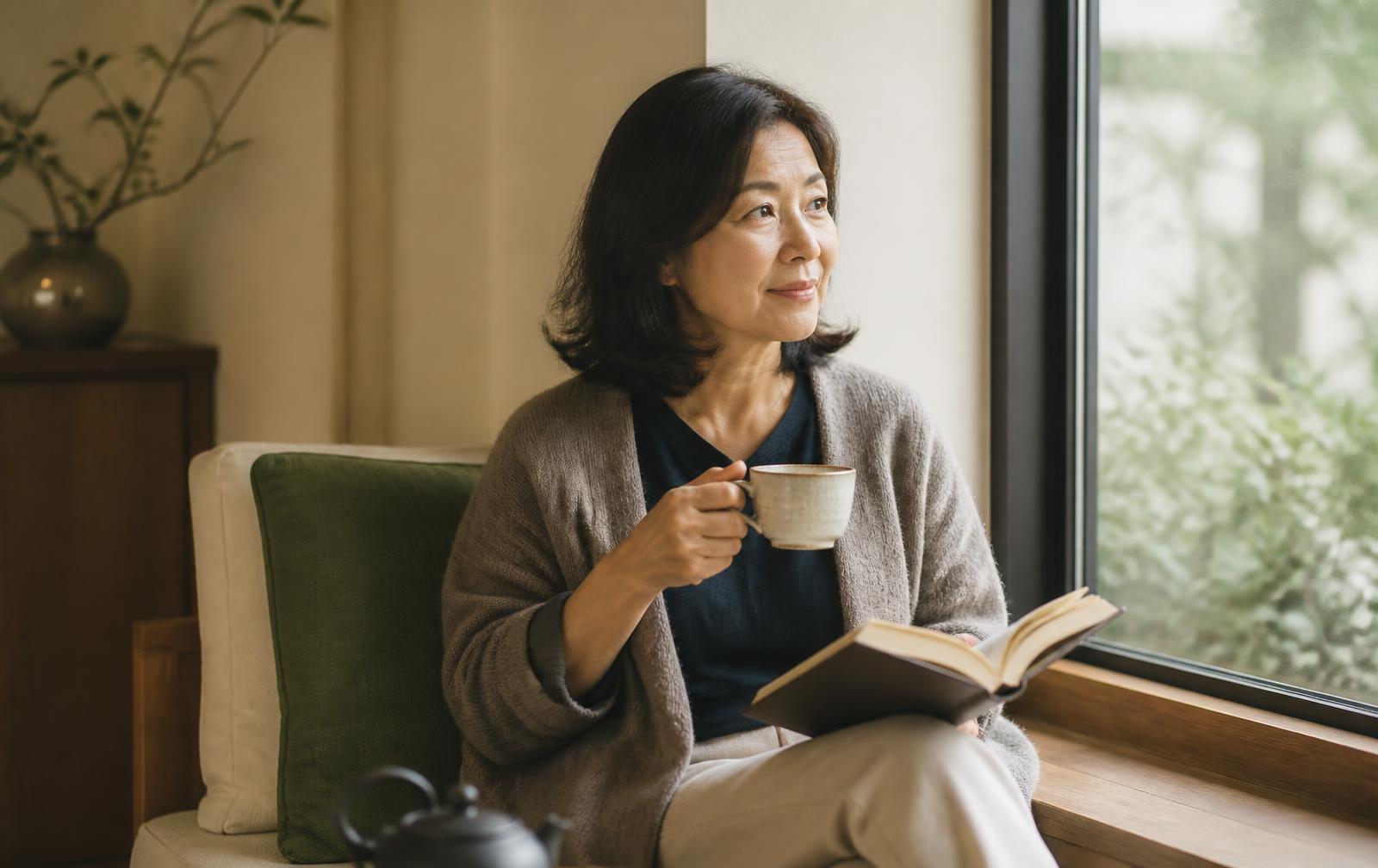 An East Asian woman reading with a cup of tea in a sunlit window seat