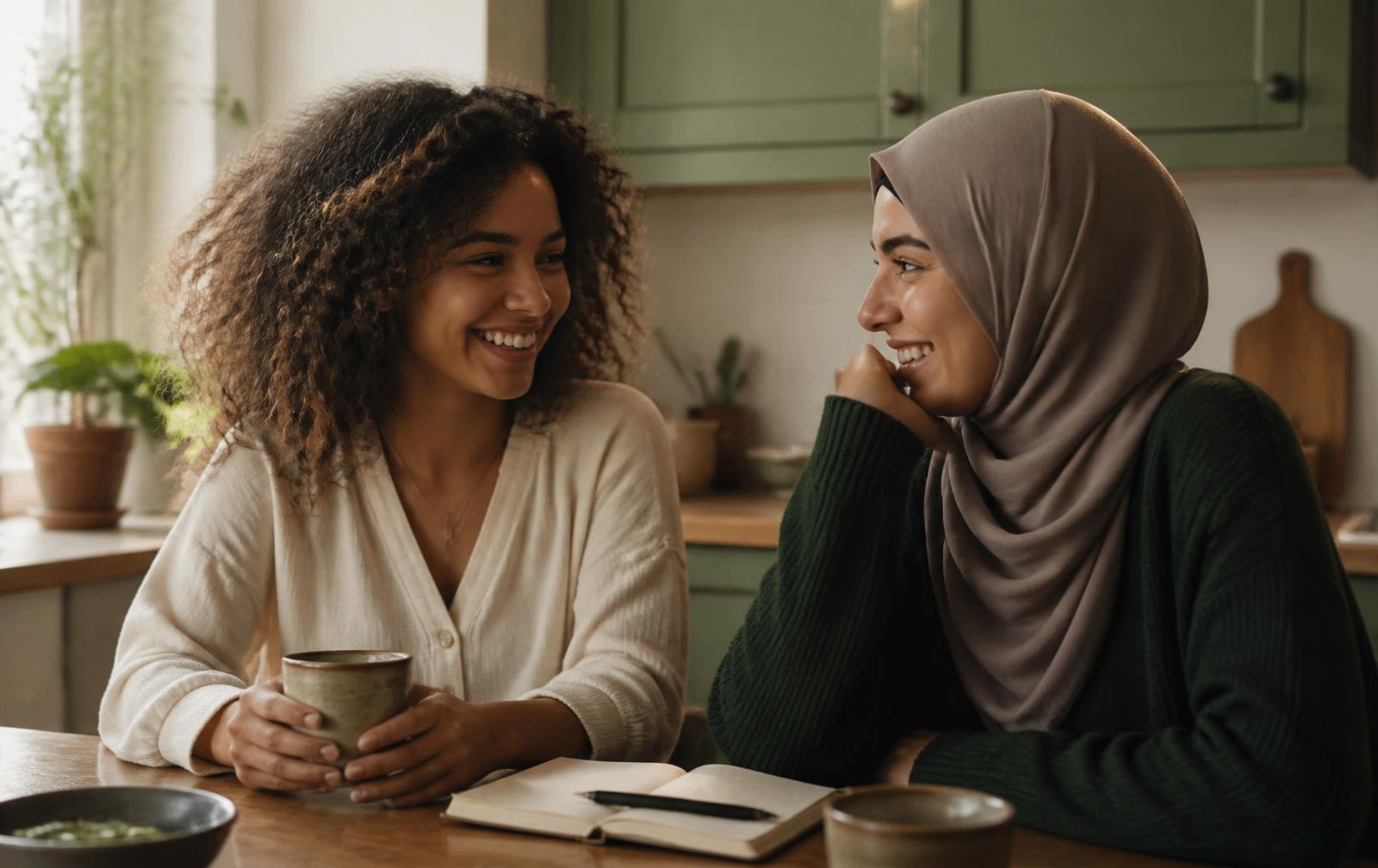 Two women friends talking over tea at a warm kitchen table